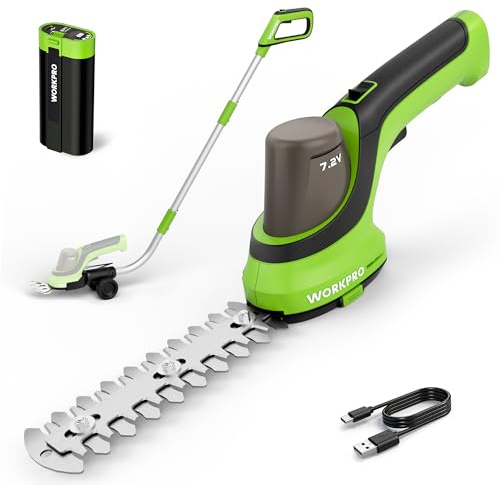 WORKPRO 7.2 V Cordless Hedge Trimmer & Grass Shear with Removable Battery | Wheeled Extension Pole, 2 Interchangeable Durable Blades, Safety Lock, Powerful Motor, Power Display, Power Bank Function