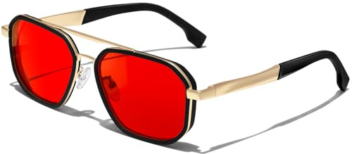 KANASTAL Rossi Occhiali da Sole Lenti Rosse Goccia Donna Uomo UV400 Quadrati Classici Doppio Ponte Dorati Vintage Retro Metallo Red Sunglasses per Viaggio Party - Montatura Nera Lenti Rossa