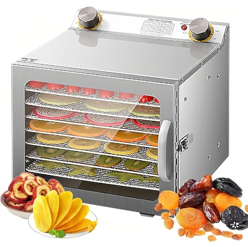 TUPOSTAR Deshidratador De Alimentos Comercial, Deshidratador De 18 Bandejas De Gran Capacidad, Secador Industrial De Acero Inoxidable De 800 W, para Frutas, Hierbas Y Carne,Plata,8Tray