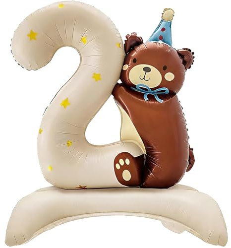 Gleemix Luftballon Geburtstag 2, Bär Folienballon XXL, Creme Teddybär mit Standfuß Selbststehend Luftballon, für 2. Geburtstag Junge, Kindergeburtstag, 97x77cm