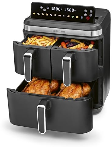GOURMETmaxx FryUp3 Vertikale Heißluftfritteuse 3 Kammern | Heissluftfritteuse XXL 17 Liter | Airfryer mit Multi-Colour-Klapp-Touchdisplay | Air Fryer Friteuse für 12 Personen | 12 One-touch-Programme