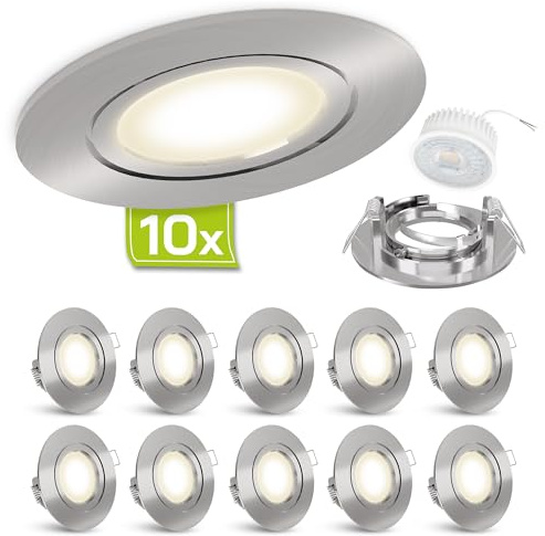 linovum Einbaustrahler LED 10er Set flach 36mm - Einbauleuchte rund starr Edelstahl gebürstet inkl. LED neutralweiß 4W 230V