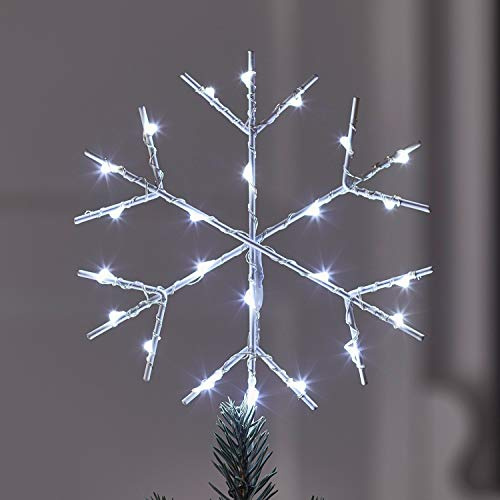 Lights4fun Cimier Flocon de Neige Lumineux en Métal Blanc Sommet de Sapin de Noël de 30 cm avec 24 Micro LED Blanc à Piles avec Minuterie Déco de Noël pour Intérieur