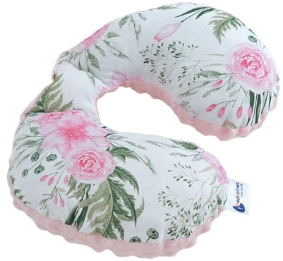 Medi Partners Nackkudde för Barn Bil Flygplan Baby - 100% Bomull/Minky Nackstöd Huvudstöd Bilbarnstol Nackrulle Kudde (Blommig med ljusrosa minky)