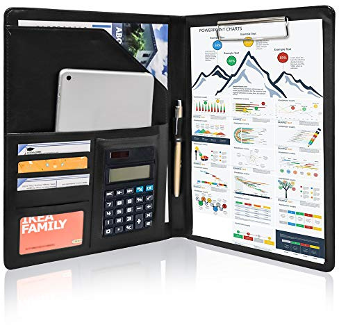GraduationMall Schreibmappe A4 mit Klemmbrett, Aktenmappe Leder, Business Dokumentenmappe Konferenzmappe Portfolio Organizer Schwarz