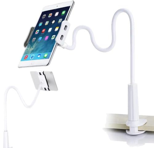 GVEFIVME Gooseneck Tablet Holder, Universal Tablet Stand : 360 Flexible Lazy Arm Holder Clamp Mount Bracket Bed for 4.7~10.5 Pad Air Pro mini,Tablet, Phone, more Devices (White)