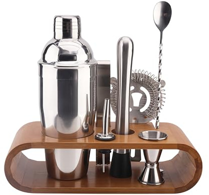 COOK CONCEPT Coffret à Cocktail 7 Pièces avec Support Bambou Argent | Inox, coffret à cocktail 7 pièces, shaker doseur passoire, support bambou, mixologie, idée cadeau, argent