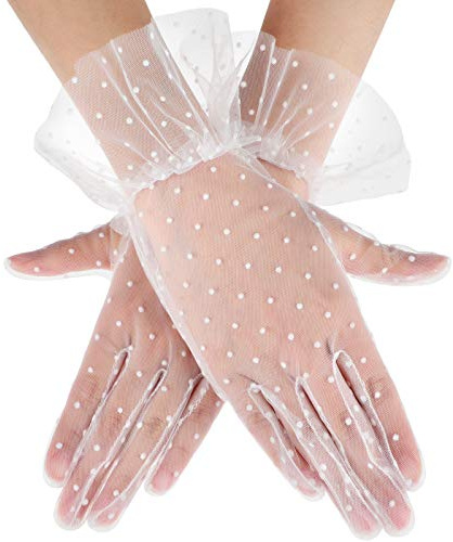 Boao Women Lace Gloves Tea Party Gloves Polka Dot Mitten Evening Elegant Accessories for Sun Protection Funeral Halloween(Pure White)
