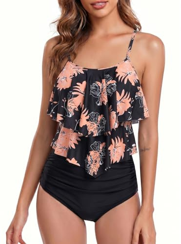 FLYILY Tankini baddräkt för kvinnor topp dubbel veckad hög midja badkläder 2 delar baddräkt bikiniset(1-BlackFlower,M)