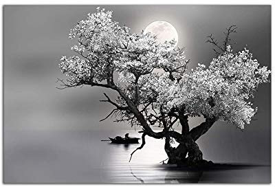 Startonight Quadro su Vetro Acrilico - Albero e Luna in Bianco e Nero - Moderno Stampa 60 x 90 CM