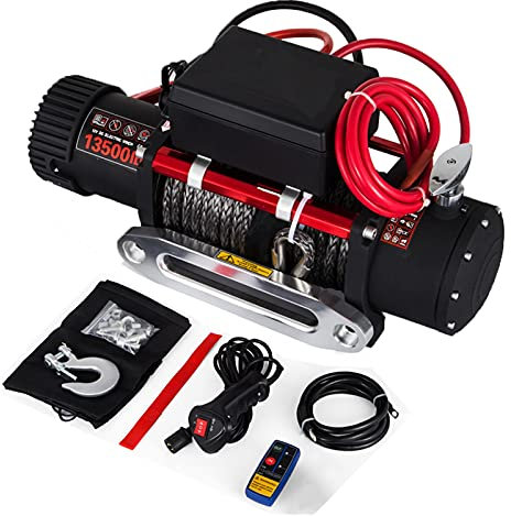 13500LBS Winch électrique 12V + corde synthétique 27M, Contrôle sans fil, pour la récupération de la remorque de camion de bateau VTT SUV hors route