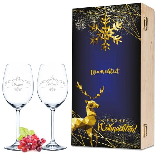 Leonardo - Bicchieri da vino con incisione, motivo cervo di Natale, personalizzabili con nome e testo desiderato, set con scatola di legno, regalo per uomini e donne, colore: blu scuro