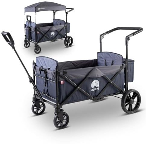 elvent® Allrounder City Bollerwagen - faltbar mit Dach | Sitzpolster, Hecktasche, Feststellbremse, 5-Punkt-Gurt I 2 Kinder (Blau)