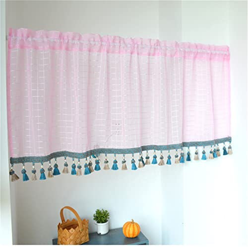 EXQULEG 1 Stück Landhausstil Scheibengardine Vintage Leinen Vorhänge Retro Spitze Kurzstores Halbtransparente Kurzgardine mit Quaste Romantische Weiße Bistrogardine (Rosa,H45 x B145cm)
