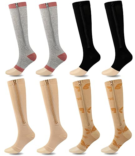 SSDH 4 Paires Chaussettes de Contention pour Femmes et Homme Avec fermeture éclair 15-20 mmHg, Bas de Contention, Chaussette de Compression pour les varices, le sport