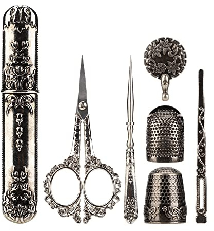 CUEI Stickscheren-Kit, Vintage-Nähscheren-Set aus Edelstahl im europäischen Stil, Antikes Vintage-Nähset mit Nähnadeletui & Fingerhut zum Basteln, Nähen, Handarbeiten, Basteln(Silber)