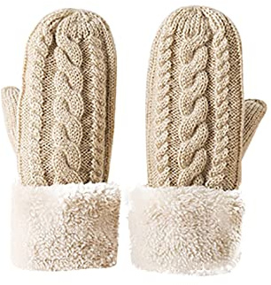 Womens & Mens Thermal Full Finger Mittens - Warm Knit Gloves with Fuzzy Cuffs, Beige