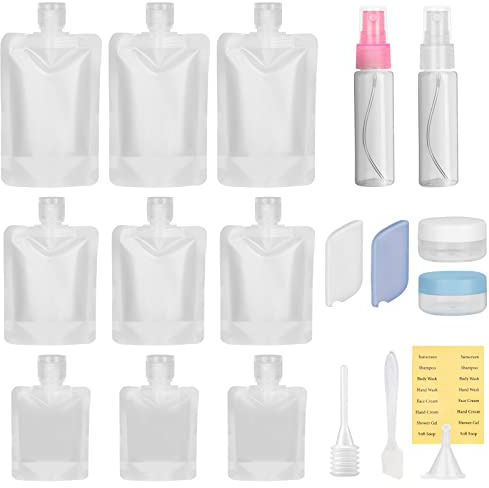 Korintin Travel Pouches for Toiletries 19 Pcs, Portable Travel Fluid Makeup Packing Bag 30/50/100ml, Clear Refillable Empty Travel Bottles with Labels, Cosmetic Jars, Pump Dispenser Bottles Funnels