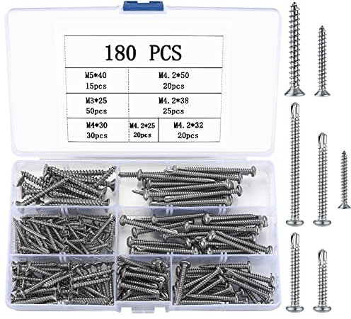 180 Stk Selbstschneidende Schrauben, inklusive 85 Stk M4,2 Bohrschrauben, 95 Stk M3/M4/M5 Flachkopf Kreuzschlitzschrauben, Edelstahl Selbstbohrende Schnellbauschrauben
