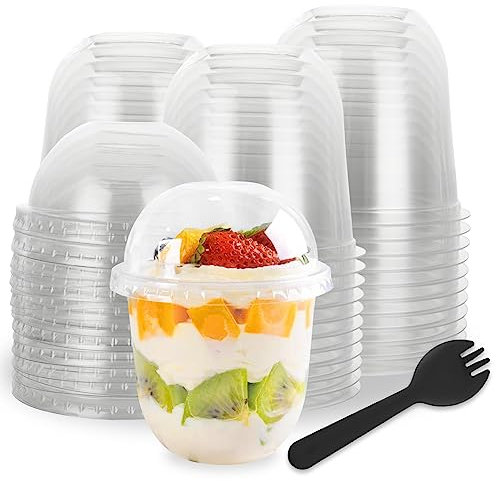FWEEK 100PCS 360ml/12oz Dessert Cups with Lid, Clear Plastic Cups with Lids, Reusable Dessert Cups with Spoons for Party, Wedding