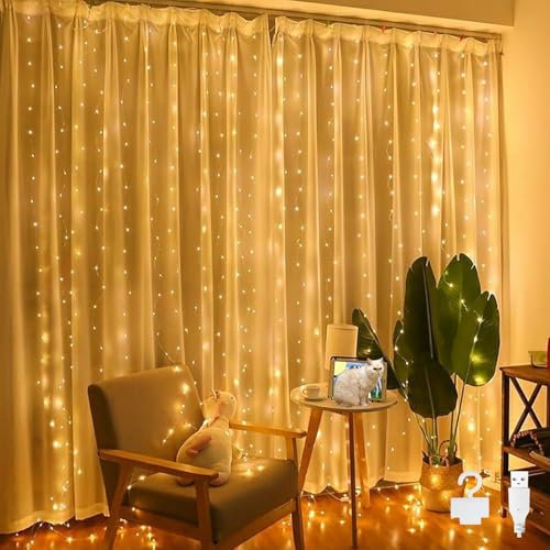 Bigzom Lichterketten Vorhang,Lichtervorhang Innen Außen 2x2m Lichterkette USB 200 LEDs IP65 Wasserdicht Lichterkette Vorhang mit 10 Haken für Valentinstag,Ramadan,Hochzeit,Weihnachten (Warmweiß)