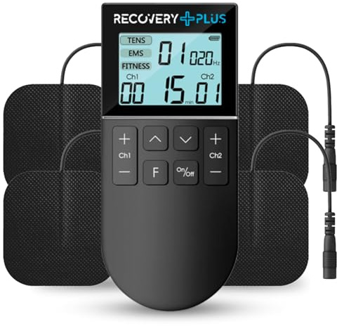 RECOVERY PLUS - Electroestimulador Muscular Digital de 50 Modos, EMS/TENS/FITNESS, Estimulador Portátil 3 en 1 con 4 Almohadillas TENS.