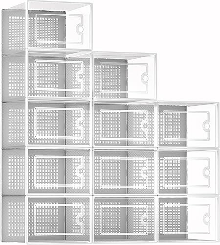 Greenfields 12 Pack Transparent Clear Hard Plastic Stackable Shoe Box Organiser - DIY, Craft Bins, Organisers, Containers, Sturdy and Durable Space Saving, Ventilated with Box Lids (White)