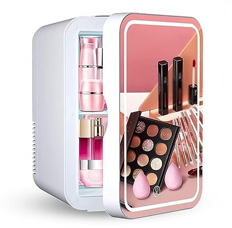 Mini Fridge For Bedroom, With Led Mirror, 8L Capacity Mini Fridge Skin Care, Chill Or Heat, Ac 220v, Dc 12v Vanity Fridge, Best Gift For Women,Pink (White)