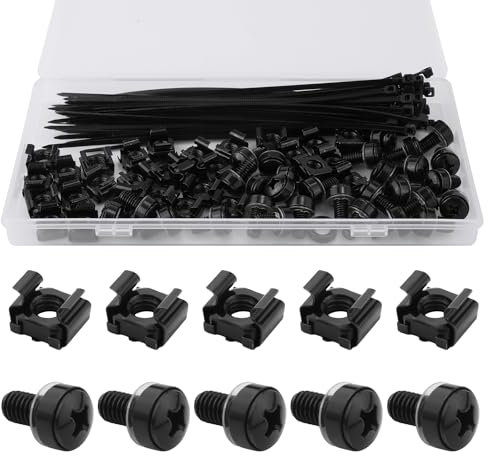 30pz M6x16 Dadi e Viti a Gabbia per Montaggio su Rack, con Fascette da 50pz Viti di Montaggio Acciaio Inossidabile e Dadi Quadrati Accessori per Server Rack Armadio Router Scaffali (Nero)