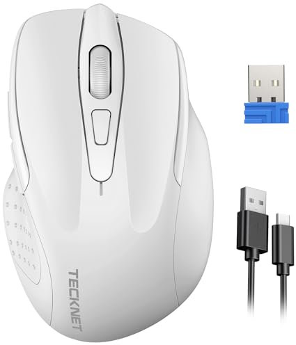 TECKNET Silent Kabellose Maus, Wiederaufladbar Funkmaus 4800 DPI, 2,4 GHz Optische Computer Maus für Laptop, PC, Mac, 6 Tasten, Weiß