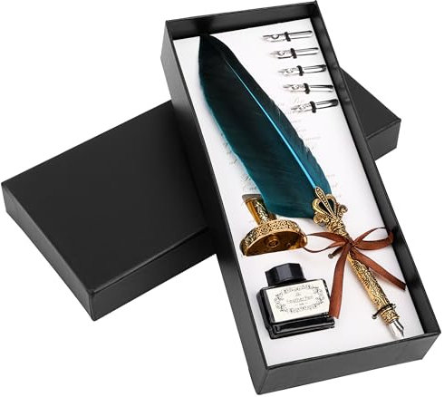 BELLE VOUS Kalligraphie Set 8-teilig Mit Federhalter - 5 Federn - Tintenfass Mit Schwarzer Tinte - Füller für Anfänger - Blau