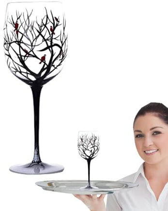 Pieza de decoración de copas de vino, copa de vino artística para las cuatro estaciones, copa de vino pintada con árbol estético, copa de vino elegante de temporada, copas artesanales pintadas a mano