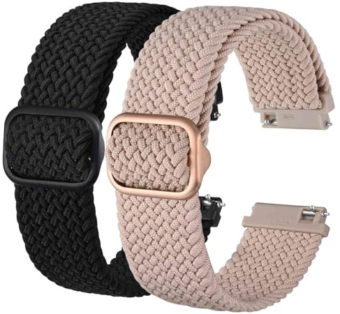 BISONSTRAP 2 Pièces Bracelets de Montre en Nylon Tressé, Boucle Réglable Améliorée, Sangles Sport Élastique pour Homme et Femme, 20mm, Noir+Rose