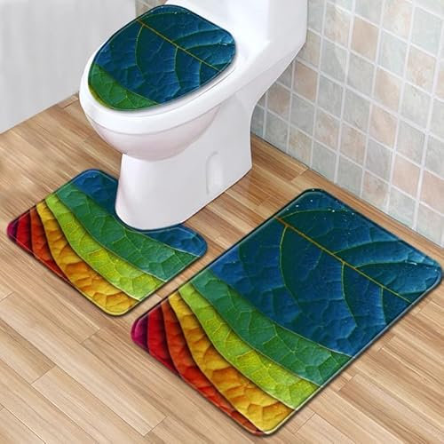 Bad Teppiche Set 3-Teiliges Abstrakte Blätter Bunt WC Vorleger Mit Ausschnitt Badematte Saugfähig WC Deckelbezug Badvorleger rutschfest Waschbar Toilettensitzbezug Badgarnitur (45x75cm)