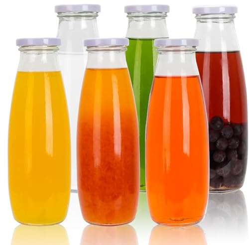 SHiZAK 6 Pack 16 oz / 480 ml Clear Glass Milk Bottles with Lids (Tinplate). Glass Drinking Bottles for Juicing, Water, Honey, Vintage Jars With 10 Labels and 1 Pen