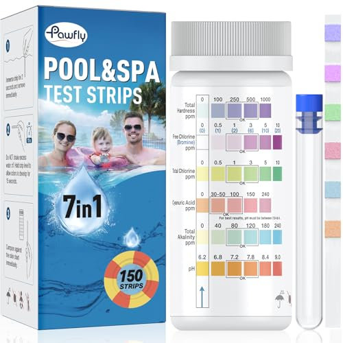 Pawfly 7 En 1 Bandelettes De Test Pour Piscine Spa Et Bandelettes De Test Pour Spa, 150 Bandelettes Rapides Et Précises, Kit d'Analyse De l'Eau De Piscine Pour Ph Chlore Libre Chlore Total Dureté Brom