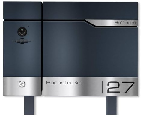 Metzler Standbriefkasten mit Video Türsprechanlage VDM10 2.0 und Zeitungsfach in Anthrazit RAL7016-2-Draht - Edelstahlleisten personalisiert mit individueller Lasergravur, Videosprechanlage Links