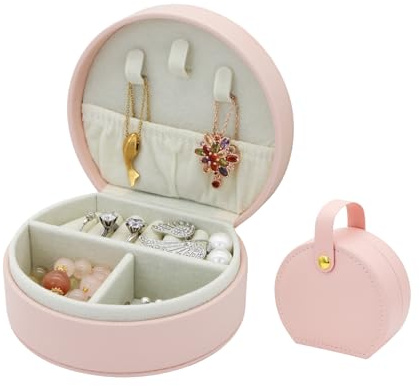 MultiValue Cajas de Joyería, Cuero Joyero Viaje Mini Joyero Pequeño Portátil Joyeros Mujer Organizador Soporte de Caja de Joyas con Manija Para la esposa Mujeres Niña (Rosa)