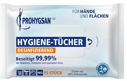PROHYGSAN AF Hygiene-Tücher für Hände und Flächen, desinfizierend, 15 Stück im wiederverschließbaren Beutel, 12er Packung