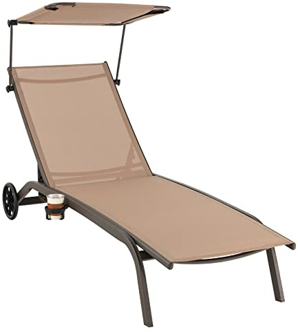 COSTWAY Sonnenliege mit Rollen und Dach, Gartenliege | 6-fach verstellbare Rückenlehne, Getränkehalter, Terrassenliege, Outdoor-Liegestuhl, Strandliege für Garten, Terrasse, Braun
