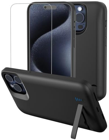 Gladgogo Akku Hülle für iPhone 15 Pro, 8500mAh Akkuhülle mit Ständer,Wiederaufladbar Batterie Ladehülle Akku mit Schutzfolie,Tragbares Batterieladegerät Hülle Leistungsstarke Power Bank
