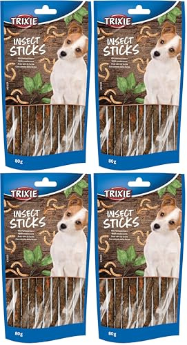TRIXIE Hundeleckerli Insekten Snack Sticks mit Mehlwürmern 80g – Glutenfreie premium Leckerlis für Hunde - ohne Getreide & Zucker, schmackhafte Belohnung für Training & zuhause - 31659 (Packung mit 4)