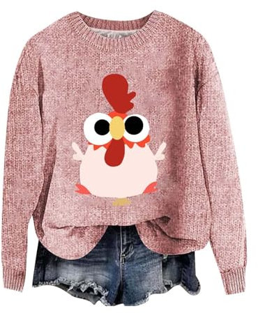 Gemütliches Weihnachtssweatshirt 2025 für Damen, Urlaubs-Look, Thanksgiving | Damen-Sweatshirt, niedlich, kleine Türkei, langärmelig, Strickpullover, lustig, Sweatshirt, Farb-T-Shirt, rose, XXL