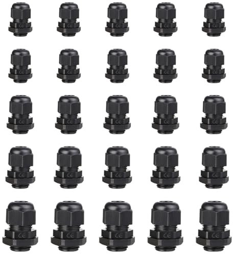 Kabelverschraubung Set IP68 Nylon Kabeldurchführung Wasserdicht 3-14 mm Kunststoff Einstellbar Kabeldurchführungen PG7/9/11/13.5/16 für Outdoor Garten Schaltkasten Abzweigkasten Schwarz 25 Stück