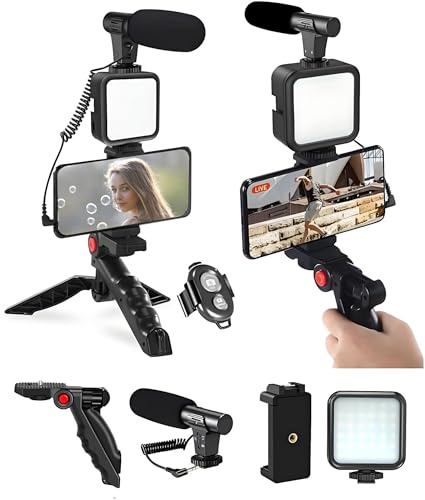 Kit video per smartphone professionale, kit per telefono, include luce LED, microfono, supporto e treppiede, compatibile con iPhone, Android, Youtube, TikTok, Vlog, Live Streaming