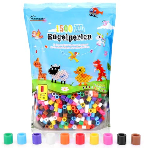 Homgaty Perline da Stirare 10 mm, Oltre 1000PZ con Piastre e Accessori, Grandi Perle per Bambini, Set Creativo Fai da te con Tanti Modelli, Ideale dai 3 Anni in Su (Perle Singole)