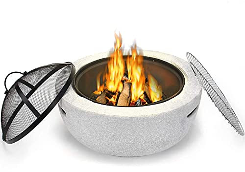ZJFHEYUO Brasero para Exteriores, brasero Redondo de hormigón para carbón y leña, con Rejilla Protectora, Parrilla y asador.