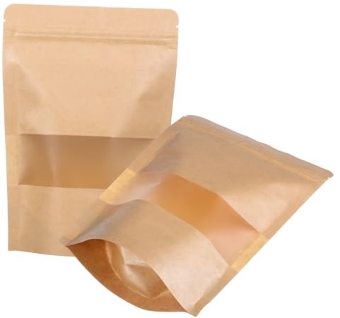 DOITOOL 50 Stück Braune Kraftpapier Standbeutel Mit Sichtfenster Verschließbare Kaffeebeutel Leckerli Tüten Wiederverschließbare Verpackungstüten Für Snacks Und Kekse