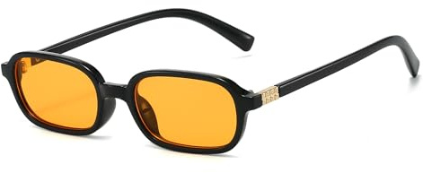 JCTAIFOO Retro Kleine Rechteckige Sonnenbrille für Damen und Herren, Vintage Schmalem Rahmen Quadratische Brille (Schwarz/Orange)
