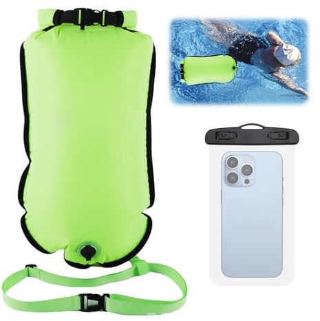 Schwimmboje, 20L Trockensack, Zwei Kammern, Aufblasbare Schwimmhilfe mit Wasserdichter Handytasche, für Erwachsene, Freiwasserschwimmen, Triathlon, Schnorcheln, Ausbildung, Zubehör, Swim Bubble